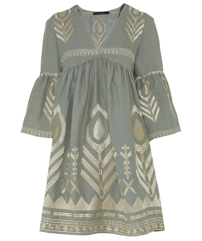 Greek Archaic Kori Feather Embroidered Mini Dress
