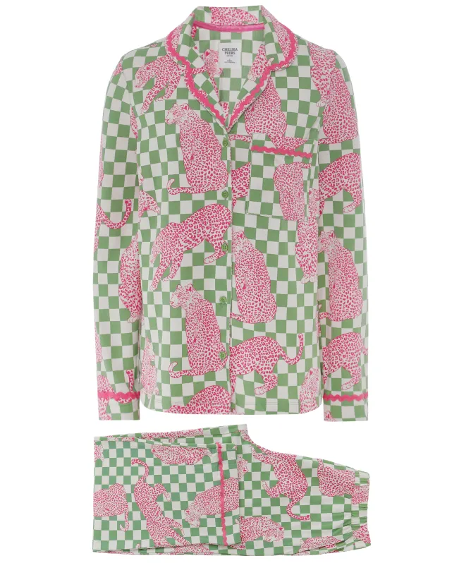 Chelsea Peers Checkerboard Leopards Print Long Pyjamas