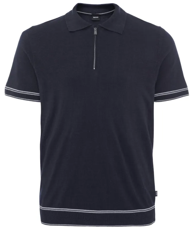 BOSS Zip Neck Linen Blend Polo