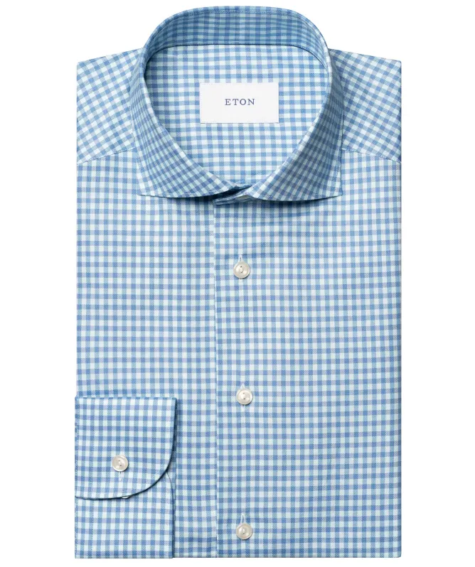 slim fit dress slacks Eton Slim Fit Mid Blue Fine Stripe Signature Twill Shirt – Newman's Menswear main image 0